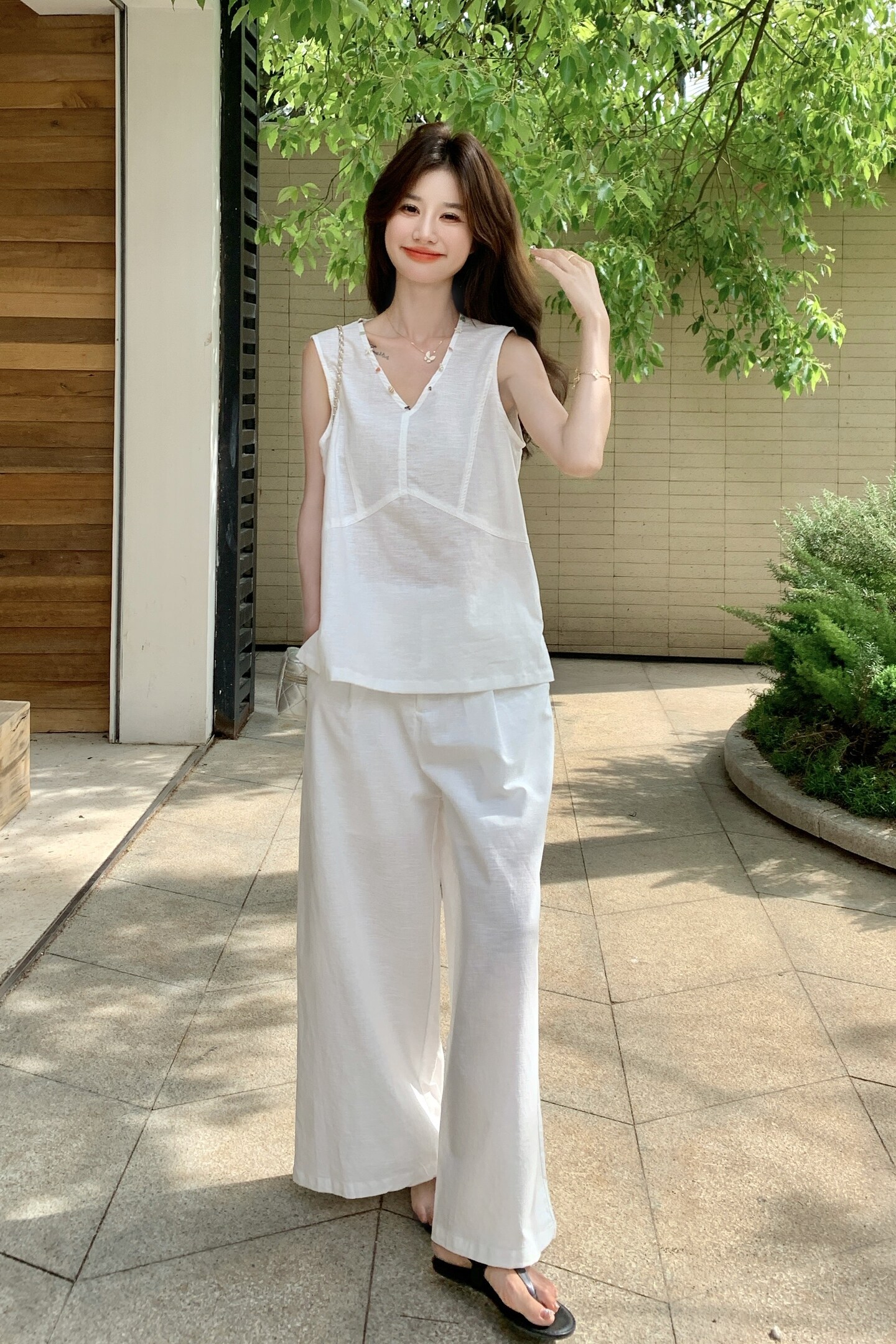 通勤风轻熟风套装阔腿裤复古高腰夏季女装时尚套装气质白色休闲,女装套装/套裙,2C215