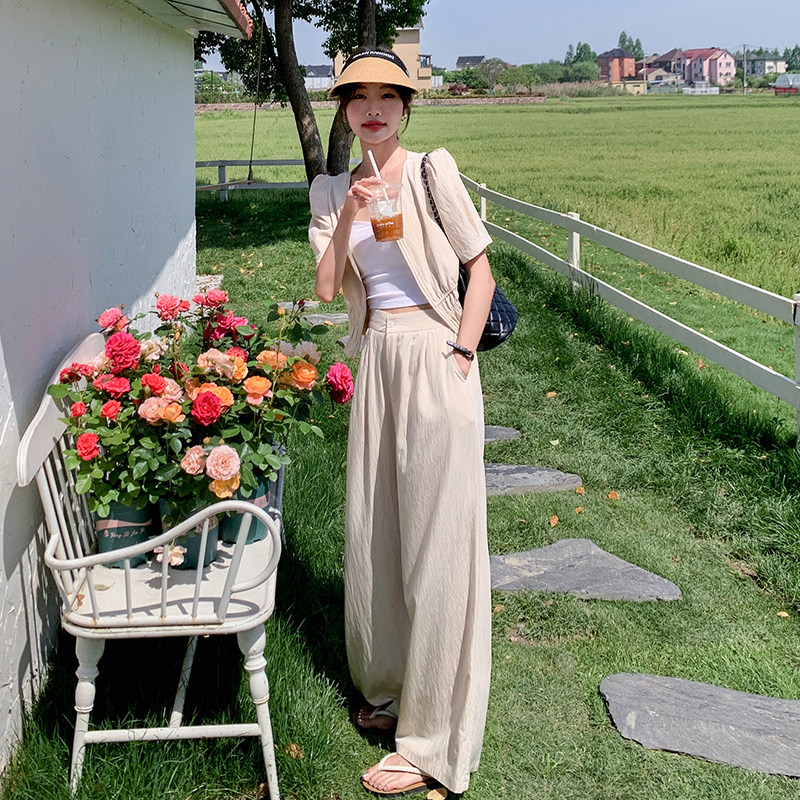 法式气质高级感v领上衣套装女2025夏季新款宽松显瘦阔腿裤两件套图片