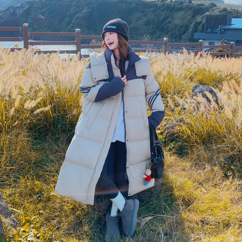 时尚浪漫撞色条纹拼接长款羽绒服女冬季2025连帽过膝工装保暖外套,女装羽绒服,2C325