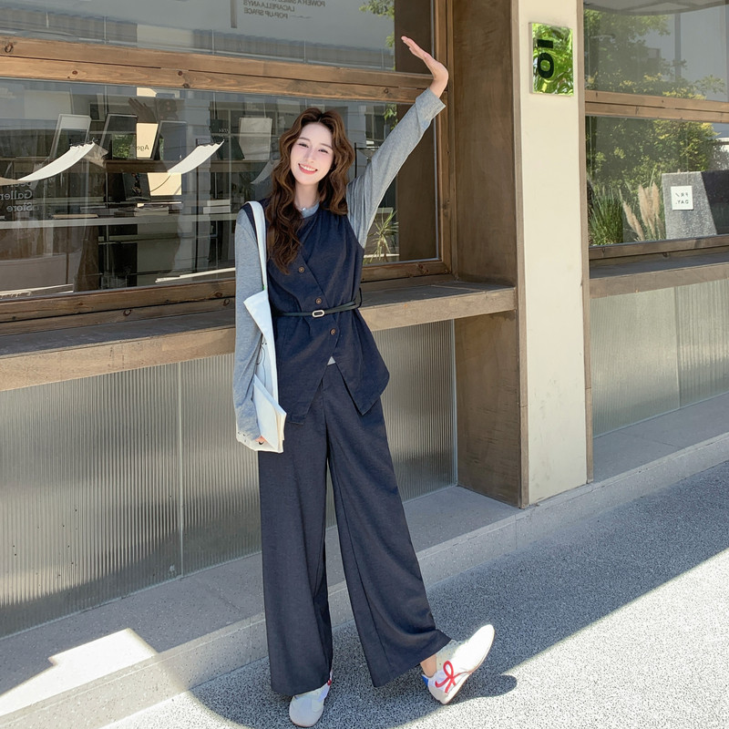 藏青色复古设计感收腰马甲套装女2025秋季打底衫休闲阔腿裤三件套,女装套装/套裙,2C115