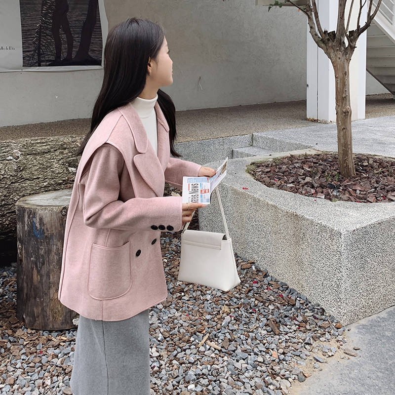 2025冬季新款韩系西装领设计感粉色外女c057-A06-P195-K288,女装毛呢外套,2C057