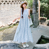 蓝色无袖挂脖连衣裙女2025年夏季新款法式晕染茶歇温柔风背心裙潮，女装连衣裙，2D009
