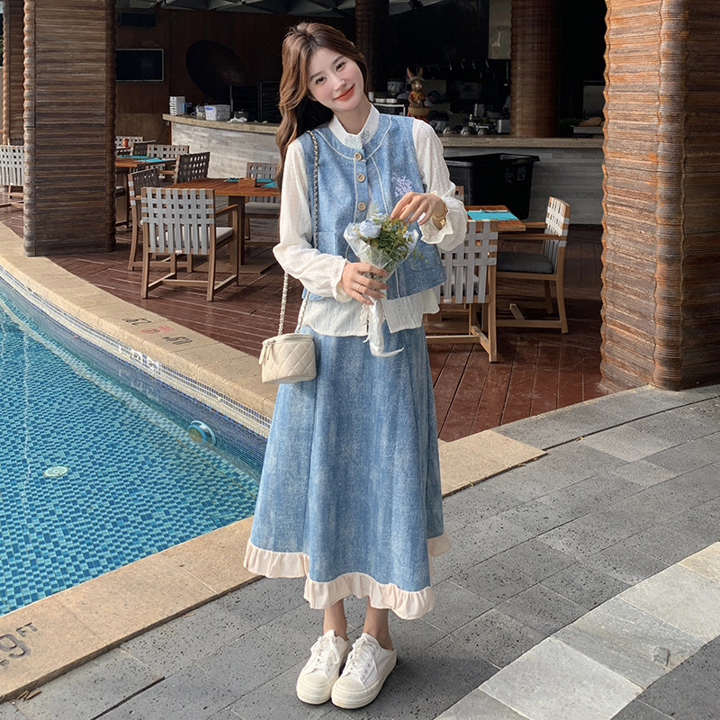 新中式小清新牛仔刺绣套装裙女2025春秋新款马甲半身裙三件套,女装套装/套裙,2C177