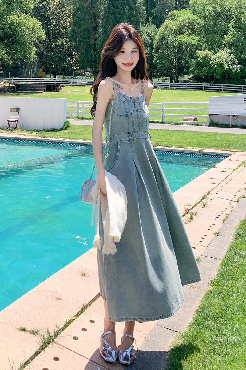 气质甜美风蕾丝拼接针织开衫两件套女夏季2025优雅牛仔吊带裙套装,女装套装/套裙,2D078