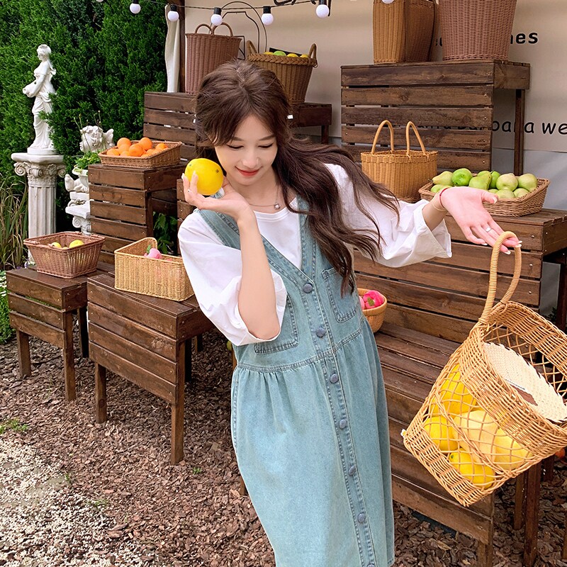 学院风减龄牛仔背带裙套装女夏季2025新款少女感百搭小衫两件套,女装套装/套裙,2C131
