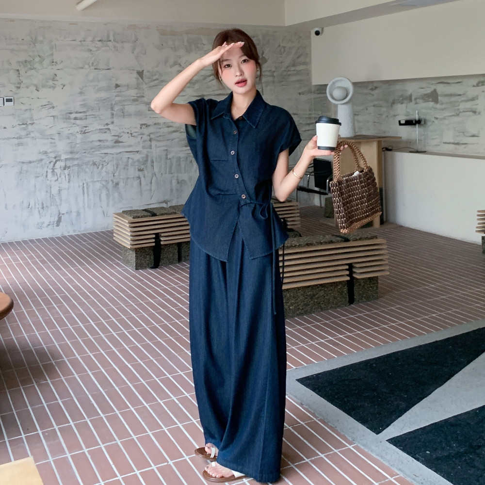 深蓝色不规则牛仔衬衫阔腿裤套装2025新款女夏韩系chic别致两件套图片