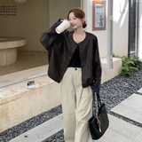 高级感咖色皮衣外套女2026新款宽松无领独特超好看PU皮夹克，女装皮衣，2C159