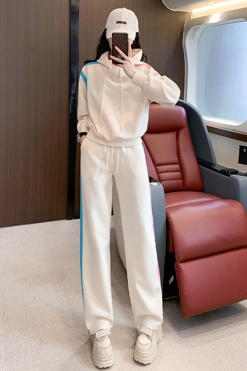 时尚减龄撞色拼接连帽卫衣阔腿裤套装女秋,女装套装/套裙,2C310