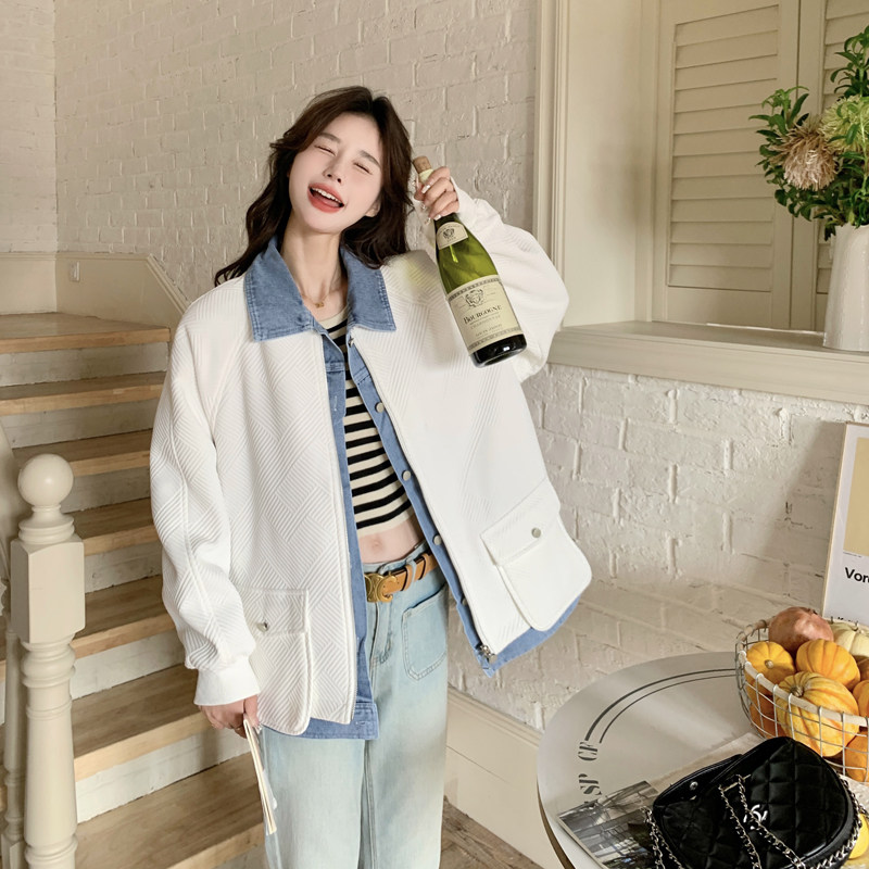 独特超好看牛仔拼接外套女春秋设计感小众休闲百搭假两件白色夹克图片
