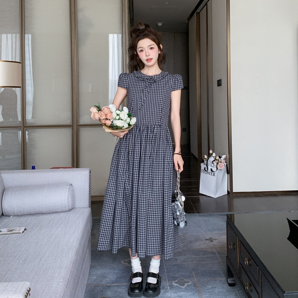 法式休闲复古格子连衣裙女夏2025新款绝美学院风减龄爆款流行长裙,女装连衣裙,2C012
