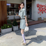 港风复古水洗polo牛仔连衣裙女夏季2025新款气质收腰显瘦A字短裙，女装连衣裙，2C057