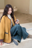 南瓜色学院风格子拼接毛呢外套女秋冬2025新款设计感爆款绝美大衣，女装毛呢外套，2C056
