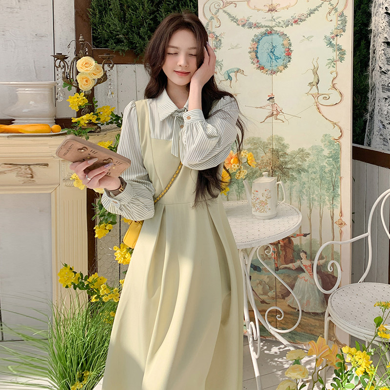 茶歇法式长袖假两件连衣裙女2025春秋新款韩系收腰显瘦减龄衬衫裙,女装连衣裙,2C092