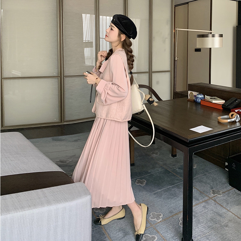 粉色小香风连衣裙两件套女2025春季新款法式温柔甜美时尚马甲长裙,女装连衣裙,2C269
