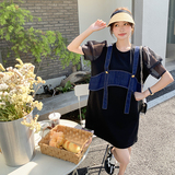 牛仔拼接假两件连衣裙女夏2024新款小众宽松洋气设计感休闲T恤裙，女装连衣裙，2C098