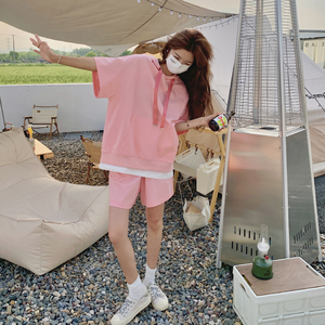 学院风减龄粉色休闲套装女2025夏季新款韩系甜美连帽T恤短裤套装图片
