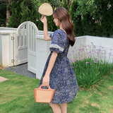 复古蓝色泡泡袖连衣裙女夏季2025新款独特设计感小个子收腰a字裙，女装连衣裙，2C087