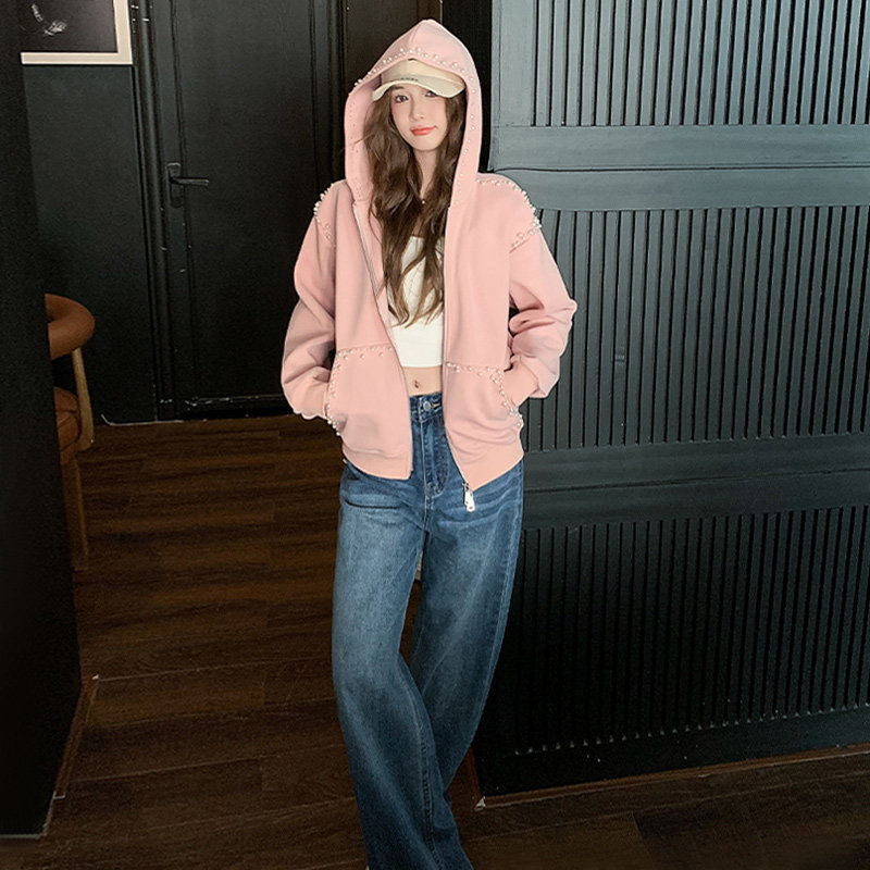 女新款时尚连帽粉色卫衣牛仔直筒裤两件套,女装套装/套裙,2C310