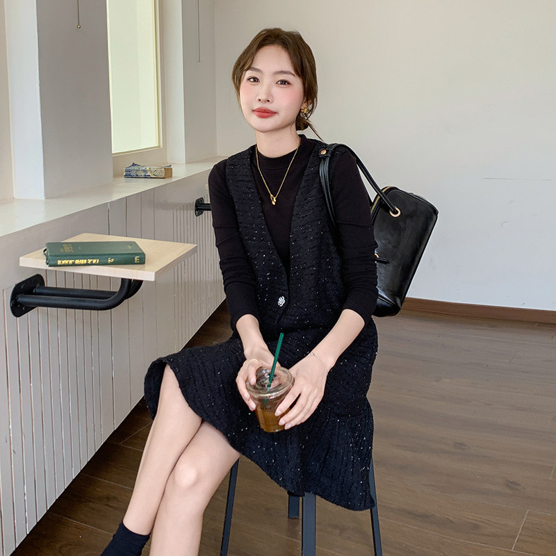 亮丝拼接小香风连衣裙女2025春秋季新款高级感名媛显瘦无袖背心裙,女装连衣裙,2C088