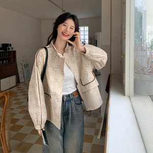 韩版印花休闲风衣外套女2025春秋季新款宽松显瘦流行炸街夹克上衣图片
