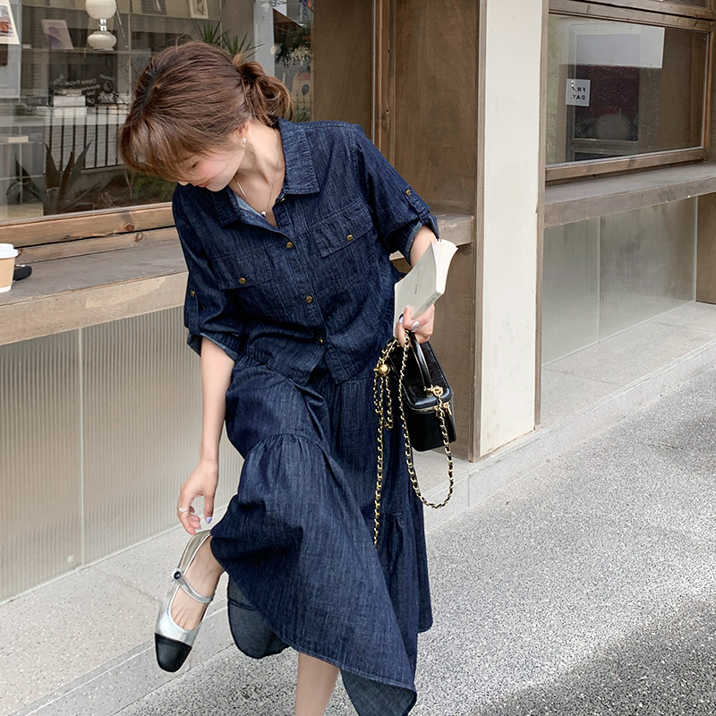 港风复古牛仔套装裙女2025春季新款时尚休闲衬衫外套半身裙两件套图片