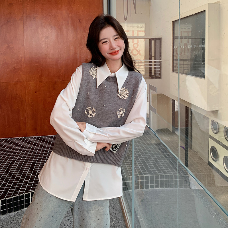 时尚学院风休闲减龄套装女2026春新款气质衬衫绣花马甲两件套,女装套装/套裙,2C166