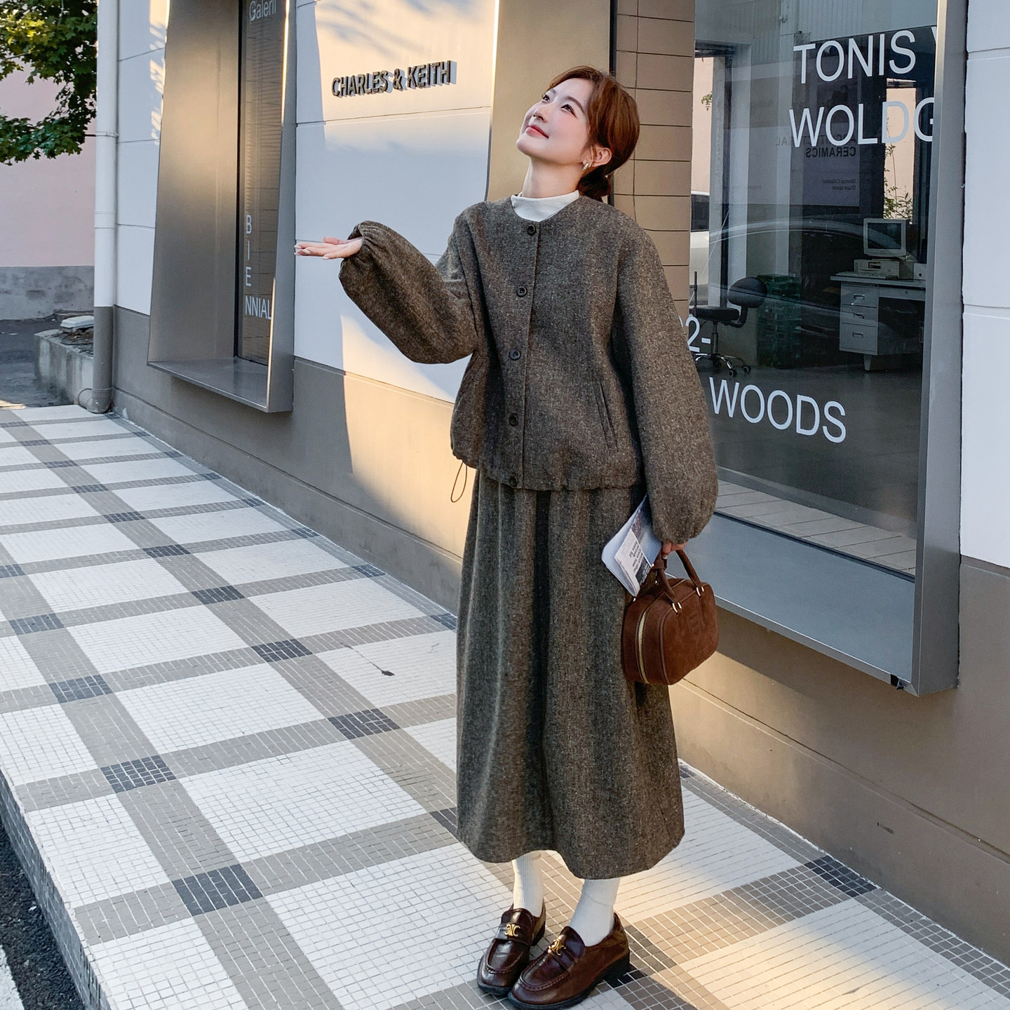 加棉加厚毛呢外套半身裙套装女2025冬季新款大方得体巨好看两件套,女装毛呢外套,2C206