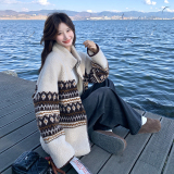 费尔岛印花羊羔毛短外套女冬季皮毛一体加厚保暖立领拉链休闲上衣，女装短外套，2C166