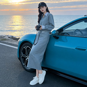 高端轻奢撞色拼接衬衫领卫衣套装女秋季新款时尚休闲半身裙两件套图片
