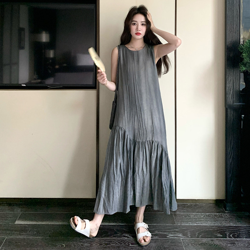 现货款号7707工艺压皱质感麻料无袖鱼尾裙P155K238,女装连衣裙,2D043