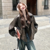 高级感复古港风咖色皮衣短外套女春秋2025新款小个子PU夹克巨好看，女装皮衣，2C177