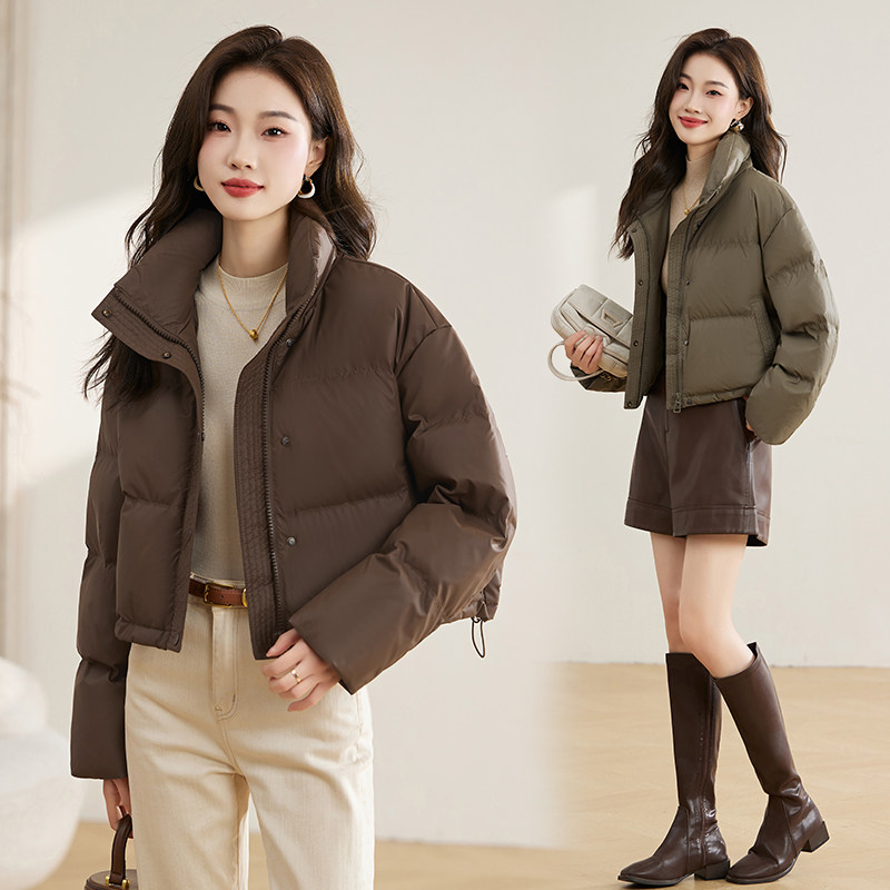 免洗pu皮短款白鸭绒羽绒服女2025冬季新款加厚保暖立领面包服外套图片