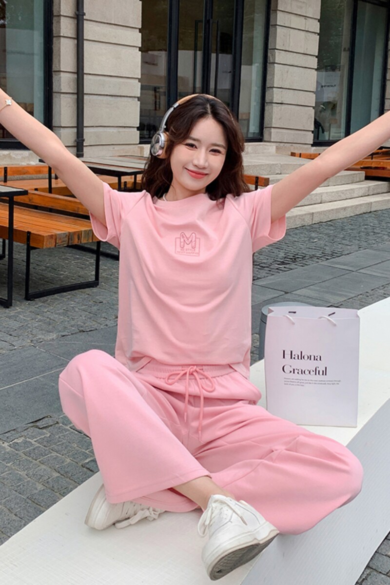 粉色休闲运动裤2025女夏季2025新款圆领短袖2C087-689P140K209,女装套装/套裙,2C087