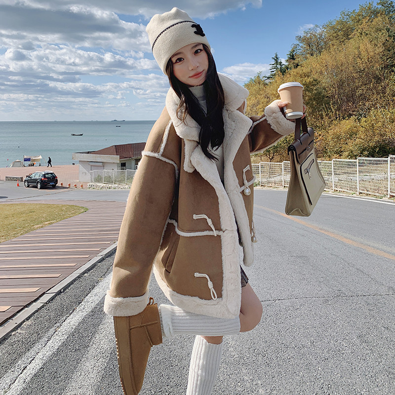 咖色高级感设计感宽松女保暖加厚鹿皮绒机车服3086-P185-K268图片