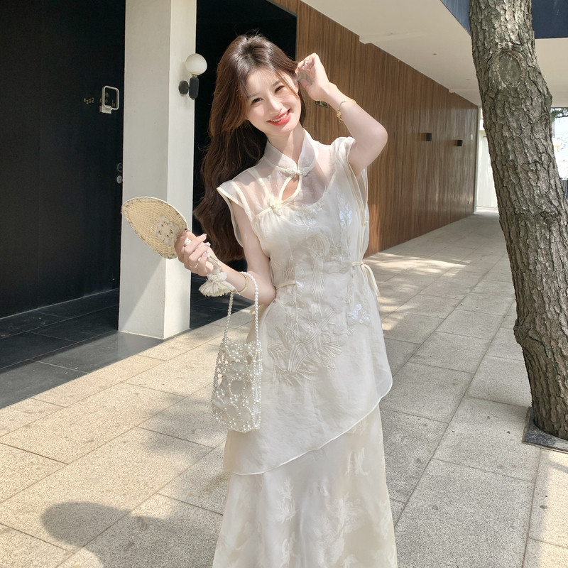 新中式国风刺绣两件套女夏季2025气质文艺立领镂空上衣吊带裙套装,女装连衣裙,2C159
