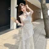 新中式国风刺绣两件套女夏季2025气质文艺立领镂空上衣吊带裙套装，女装连衣裙，2C159