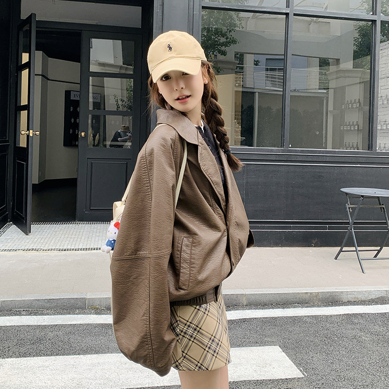咖色皮衣外套女春秋2026新款高级感小个子宽松机车皮夹克潮,女装皮衣,2C166