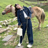 港风印花拼接翻领牛仔衬衫套装女秋季2025新款显瘦阔腿裤两件套，女装套装/套裙，2C230