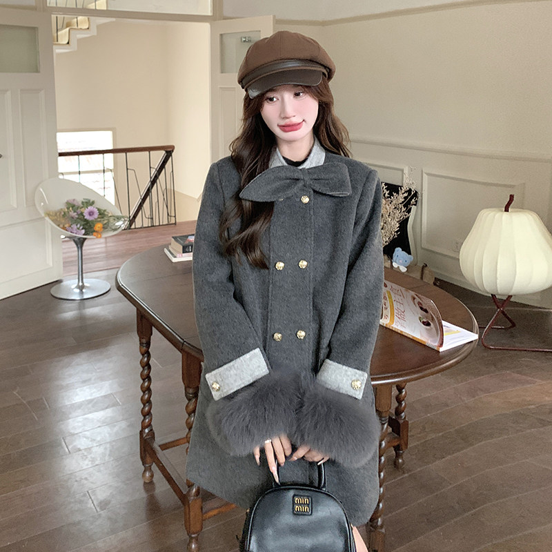 灰色富家千金小香风真毛领毛呢外套女秋冬小个子羽绒内胆呢子大衣,女装羽绒服,2C203