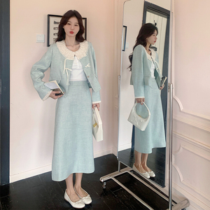 蓝色新中式国风西装套装裙女春秋2025新款流行超好看半身裙两件套图片