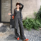 灰色长袖防晒开衫条纹上衣套装女2025春秋季新款显瘦休闲裤三件套，女装套装/套裙，2D148