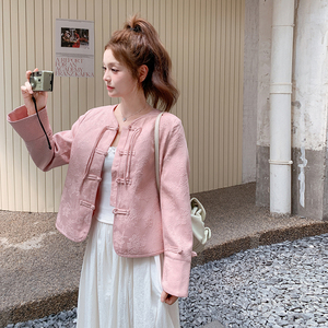粉色新中式风盘扣开衫外套女2025春秋季新款高级感显瘦圆领上衣图片
