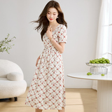 纯棉小碎花连衣裙女2025新款夏季高级感法式泡泡袖系带收腰中长款，女装连衣裙，1D073