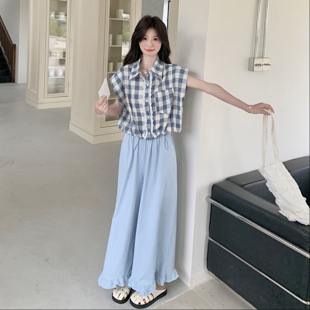 首:夏装新款复古减龄棉麻格子上衣木耳边裙裤两件套8823P155K218,女装套装/套裙,2C135