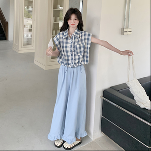 首:夏装新款复古减龄棉麻格子上衣木耳边裙裤两件套8823P155K218图片