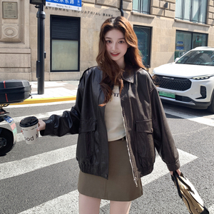 棕色美拉德皮衣外套女春秋2025新款美式复古时尚流行宽松休闲夹克图片