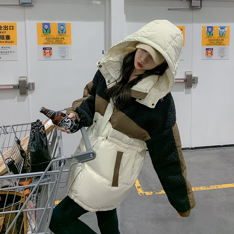 【现货】宽松羊羔毛拼接90白鸭绒潮牌羽绒服2258P275控428,女装羽绒服,2C166