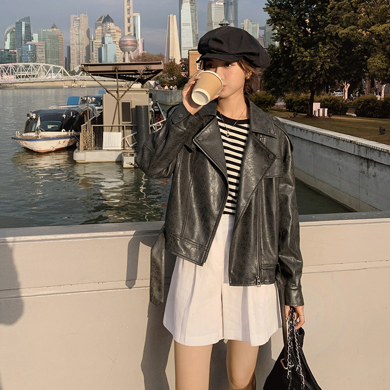 深灰色甜酷风短款皮衣外套女2025年秋季新款复古做旧机车服夹克潮,女装皮衣,2C082