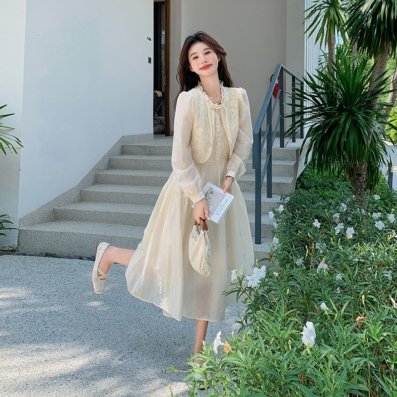 新中式盘扣刺绣假两件连衣裙女2025春夏新款国风收腰显瘦绝美长裙图片