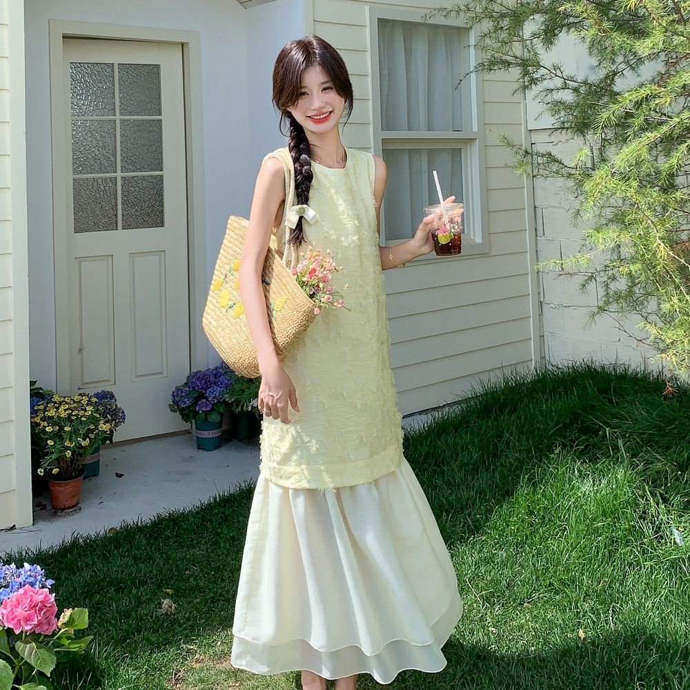 高级感假两件无袖背心裙女2025夏季新款韩系温柔风减龄绝美连衣裙,女装连衣裙,2C259